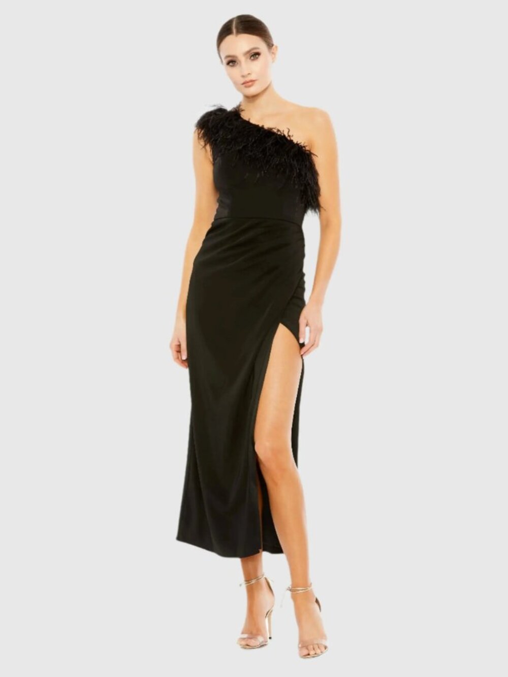 Mac Duggal Black Feather Trim One Shoulder Draped Dress Size 2 NWT $298
